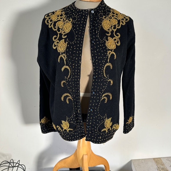 Vintage Black Cashmere Gold Beaded Cardigan (UL42) Regal Monarchy Design READ - Picture 11 of 14